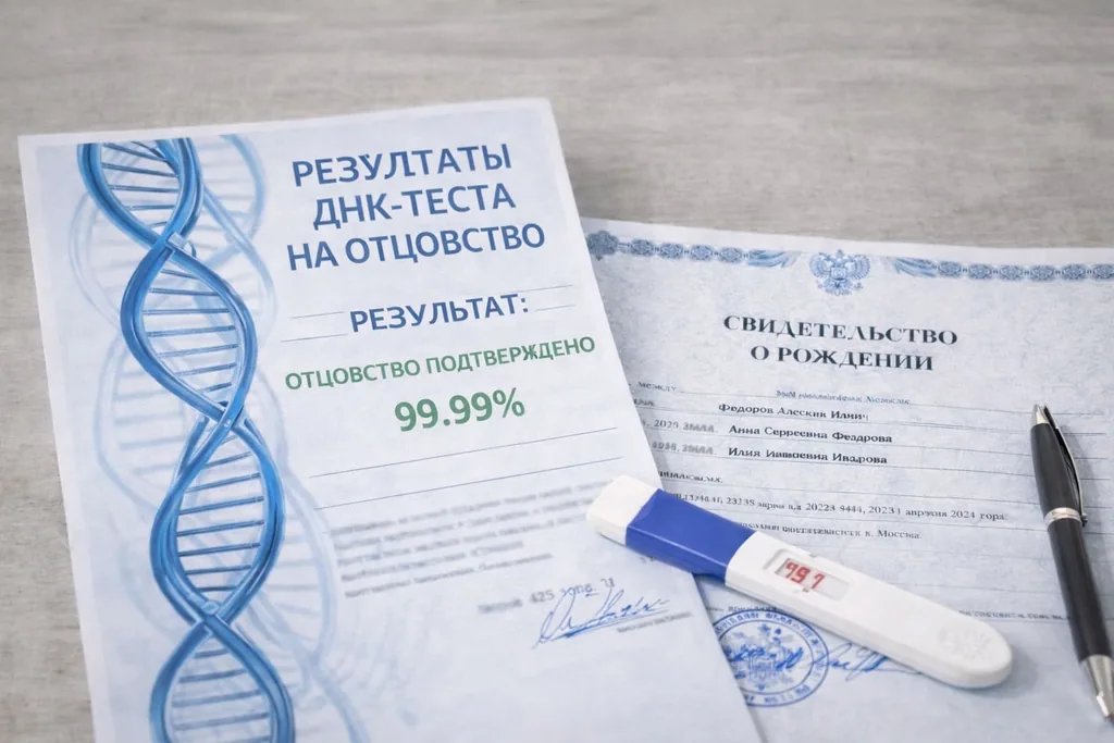 Результаты ДНК-теста на отцовство и свидетельство о рождении ребёнка